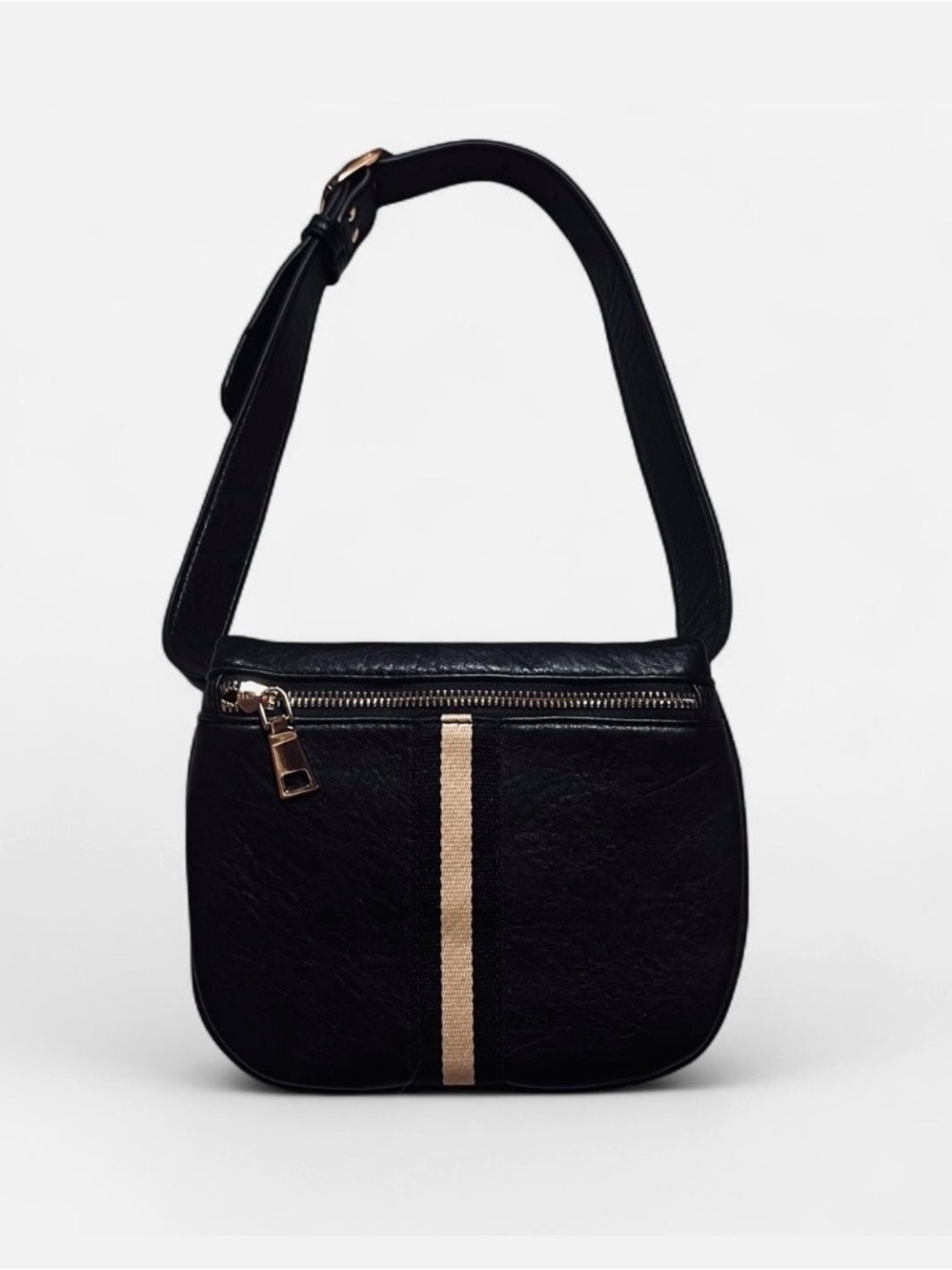 Moda Luxe Black Belt Bag w/Tan Center Stripe Soft Lightweight Used One Time